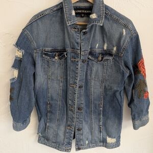 Express Blue Jean Jacket with Floral Embroidery